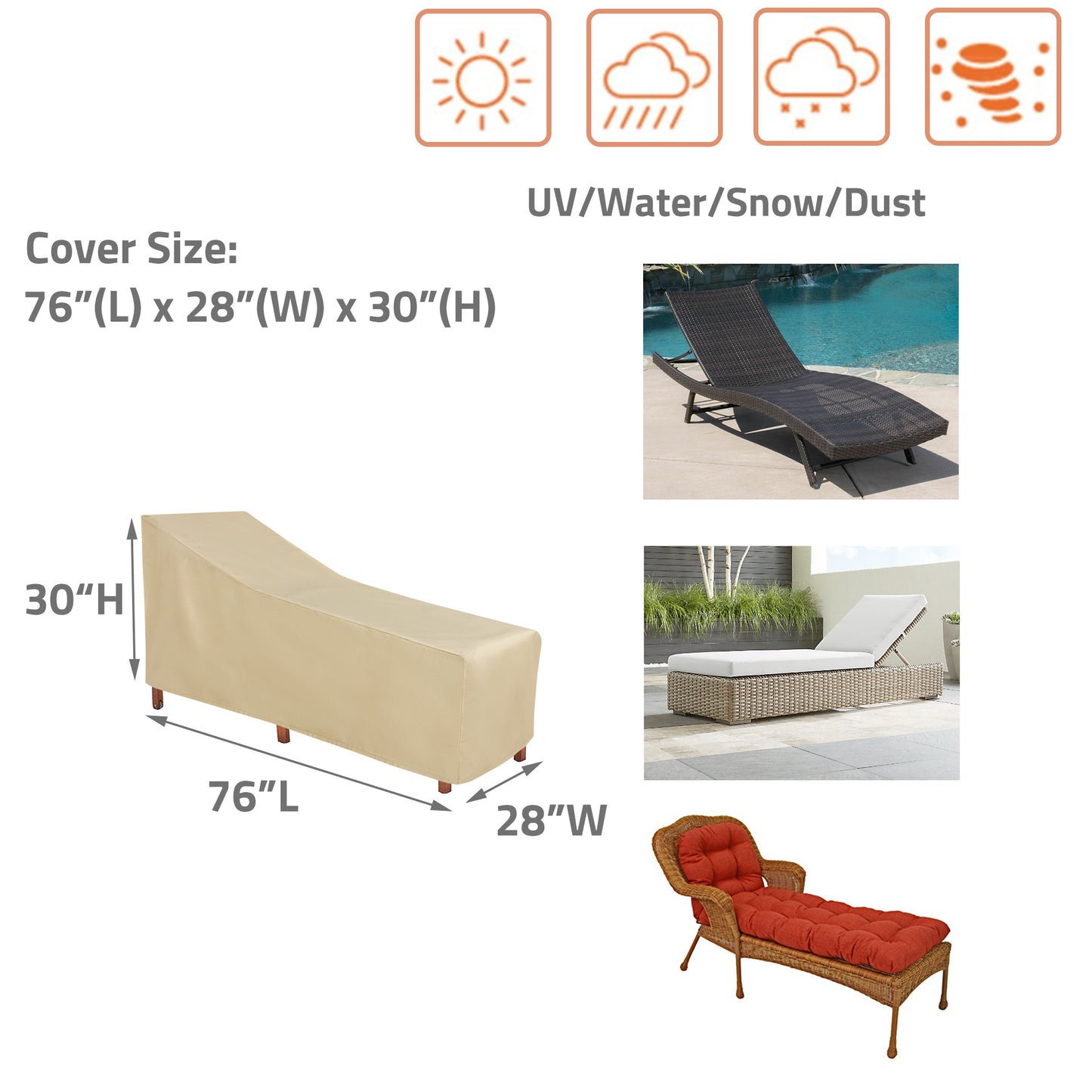 Outdoor Chaise Lounge Cover – Waterproof, UV-Resistant, All-Weather Protection (76”L x 28”W x 30”H)