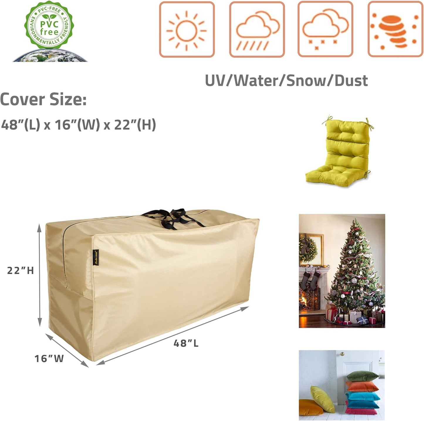 Extra-Large Waterproof Cushion Storage Bag with Handles & Zipper, Heavy-Duty, UV-Resistant, 48"L x 16"D x 22"H