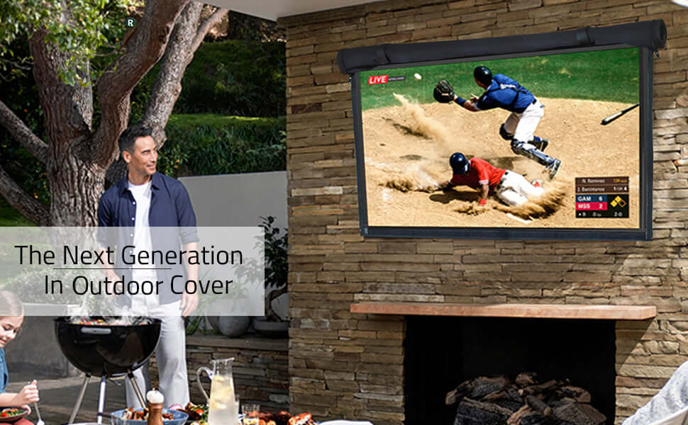 Durable Outdoor TV Cover for 50" TVs - Weatherproof, Dustproof & UV Resistant with Secure Fit in outdoor setting with grill.