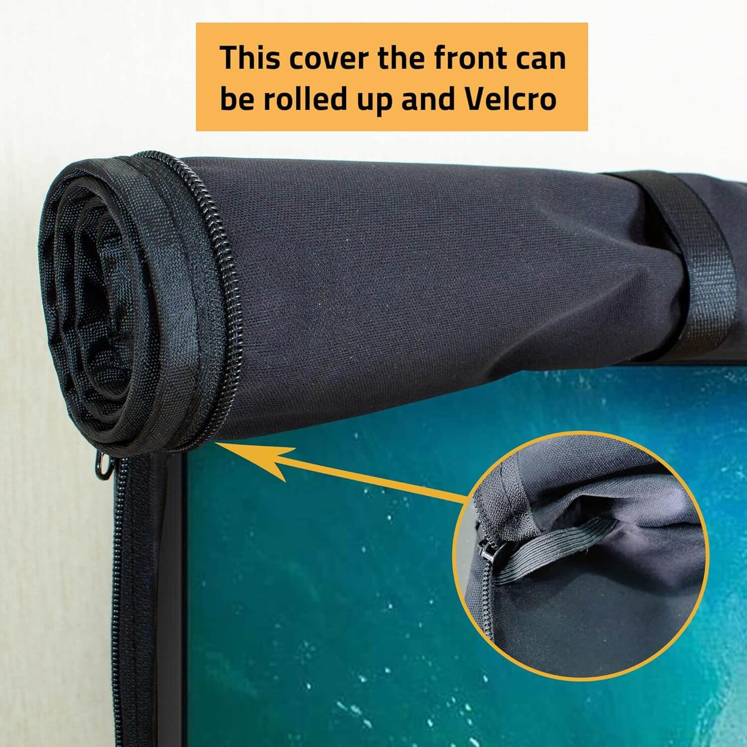 Durable Outdoor TV Cover for 50" TVs - Weatherproof, Dustproof & UV Resistant with Secure Fit, Black, easy roll-up design.