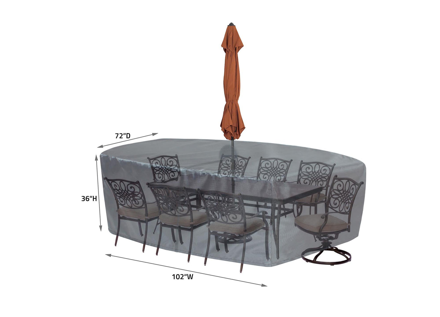 Shield Mercury Cover for 585 Fits Medium Oval/Rectangle
Table & Chairs w/8 ties, velcro
closure, elastic & spring cinch lock