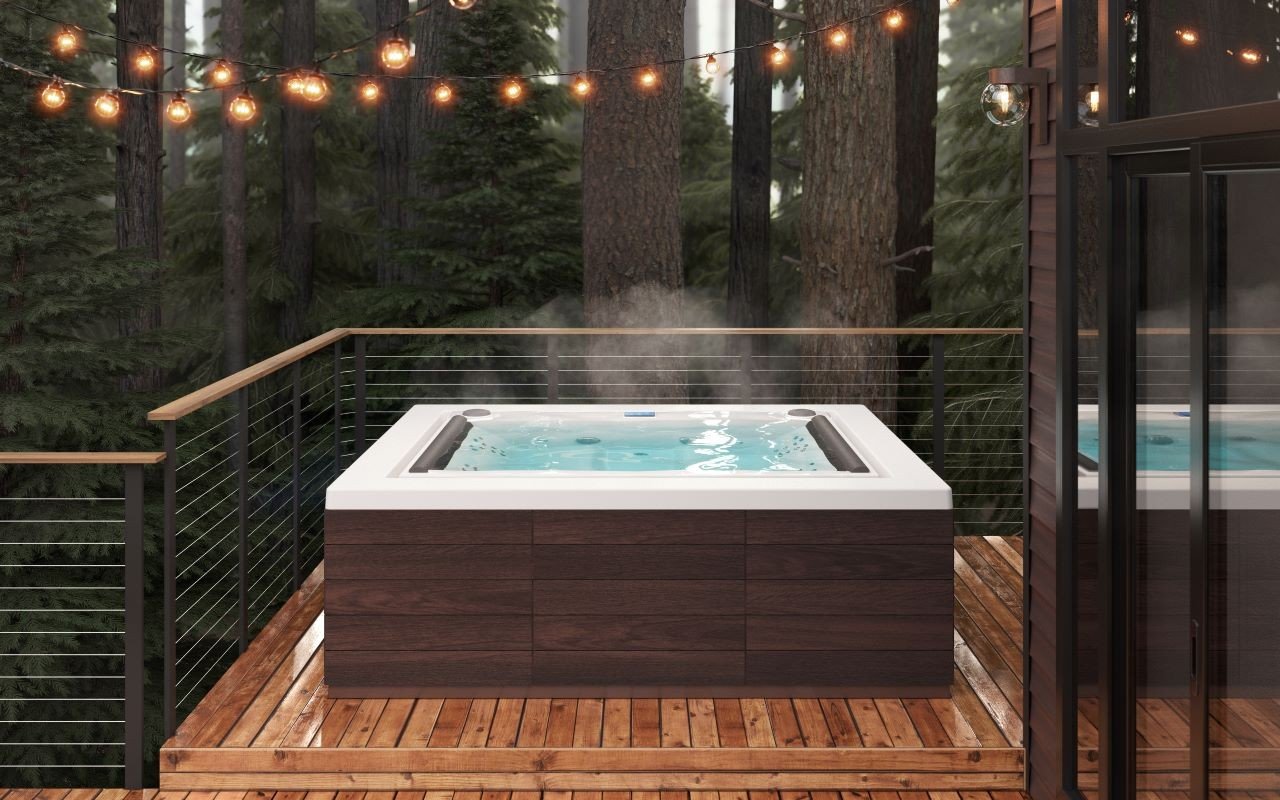 Modern outdoor hot tub spa on a wooden deck
