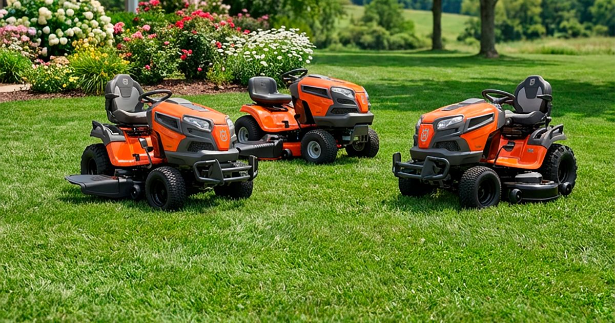 Riding mowers on a landscaped lawn